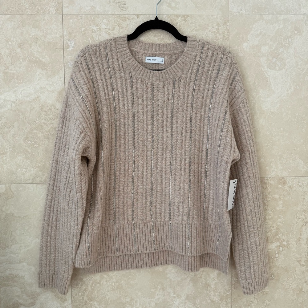 Nine West Beige Ribbed Rhinestone Knit Sweater Crew Neck Fuzzy Medium NWT